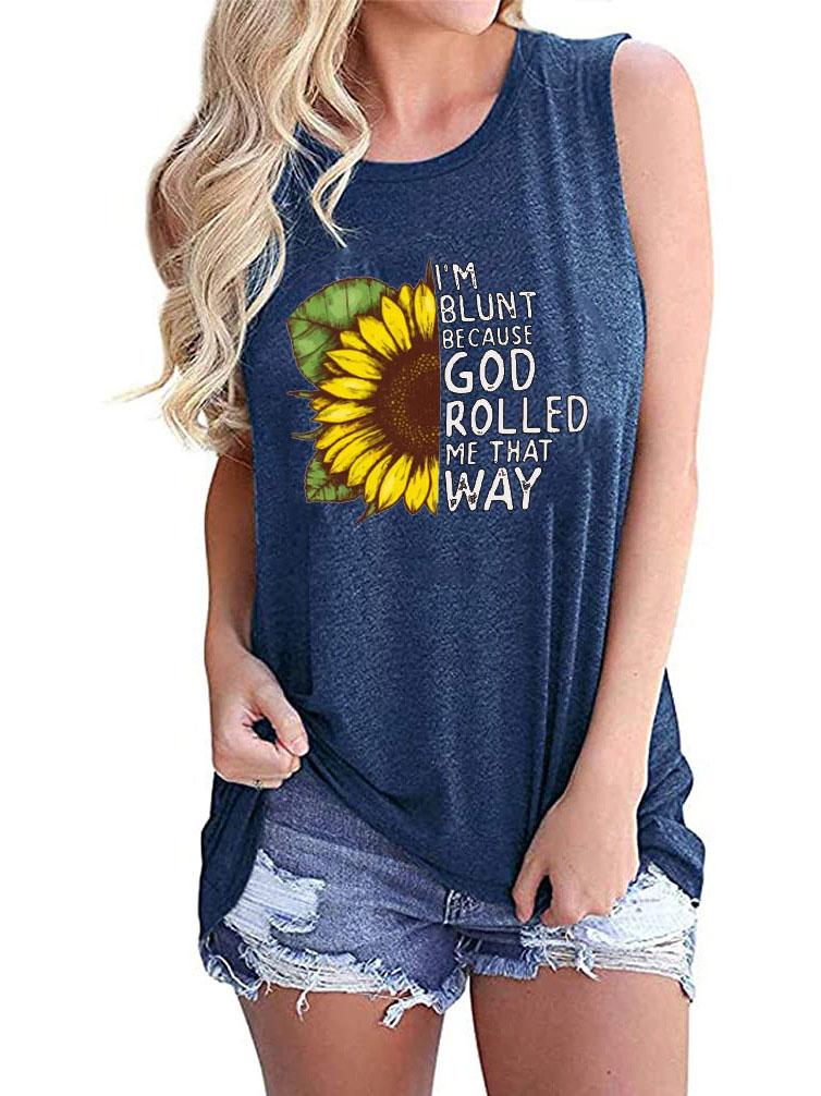 Sunflower Print Round Neck Sleeveless Tank Top