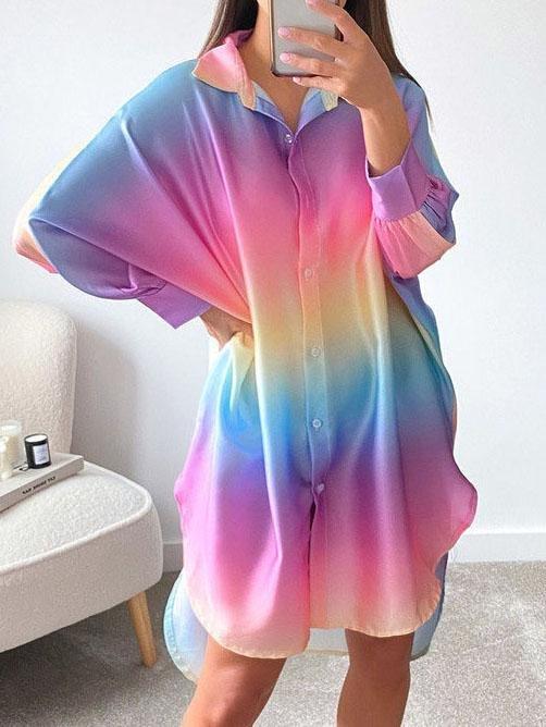 Sweet Rainbow Loose Long Sleeve Shirt Dress