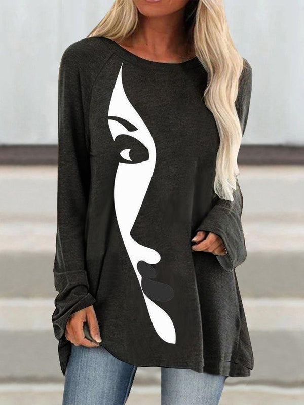 Turtleneck Round Neck Abstract Graphic Print Long-sleeved T-shirt