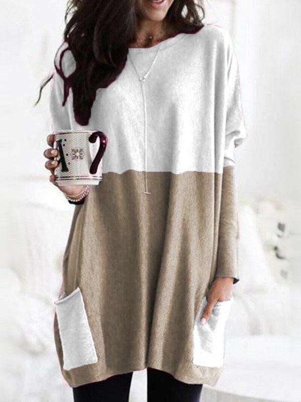 Two-Color Stitching Pocket Loose Long Sleeve T-Shirt