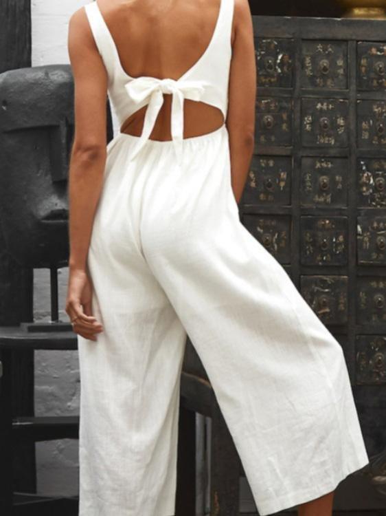 V-Neck Button Bare Back Wide-Leg Jumpsuit