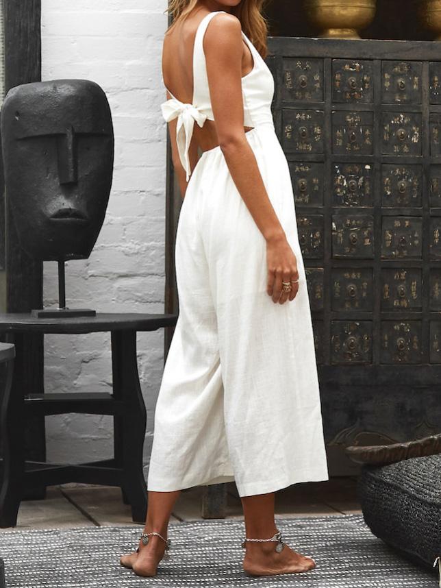 V-Neck Button Bare Back Wide-Leg Jumpsuit