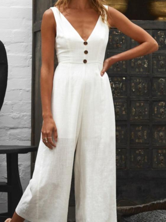 V-Neck Button Bare Back Wide-Leg Jumpsuit