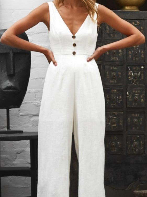 V-Neck Button Bare Back Wide-Leg Jumpsuit