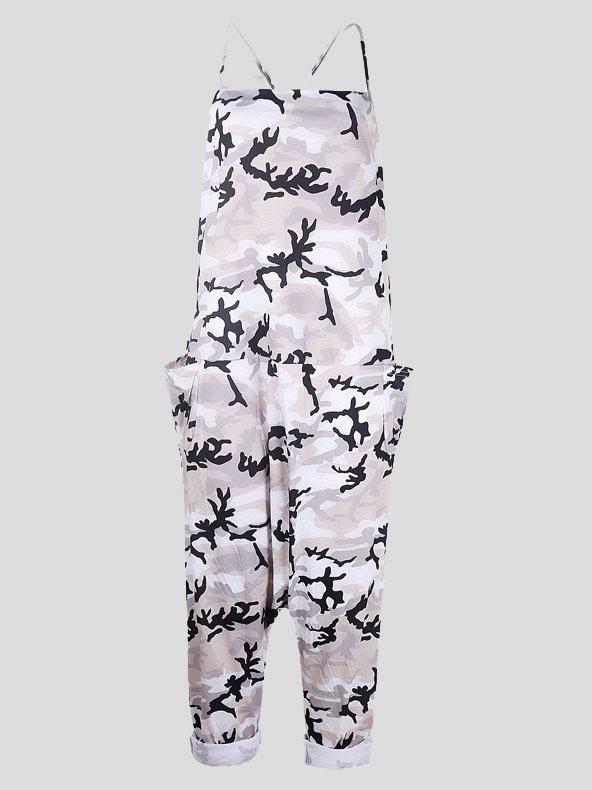 V-neck Camouflage Print Suspender Jumpsuit