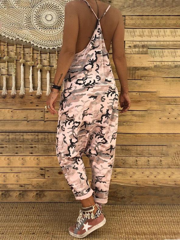 V-neck Camouflage Print Suspender Jumpsuit