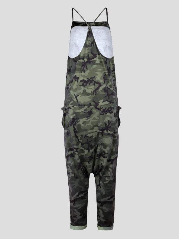 V-neck Camouflage Print Suspender Jumpsuit