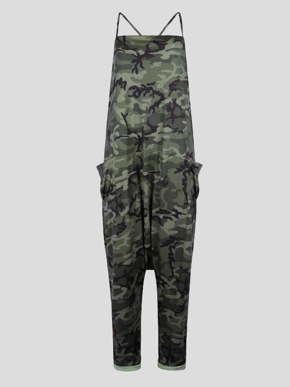 V-neck Camouflage Print Suspender Jumpsuit