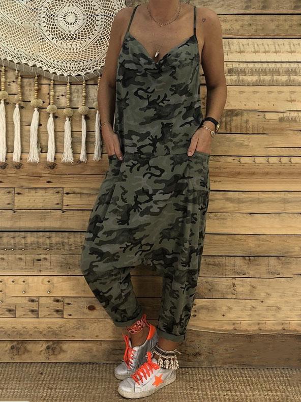 V-neck Camouflage Print Suspender Jumpsuit