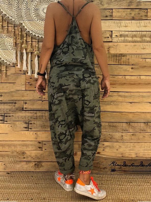 V-neck Camouflage Print Suspender Jumpsuit