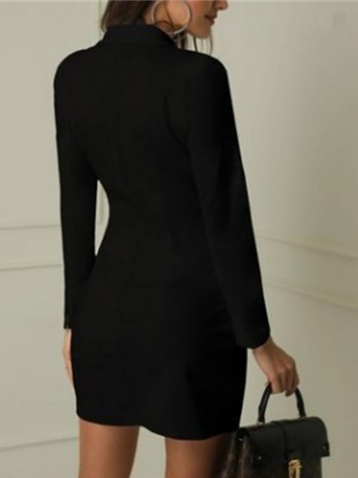 V Neck Double Breasted Slim Solid Coat Dress