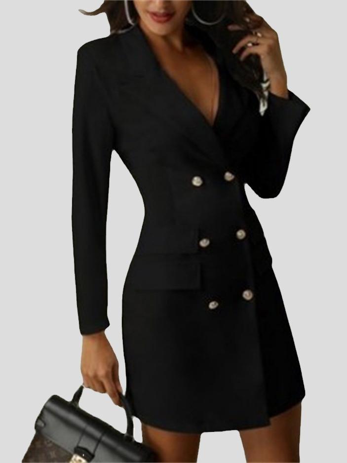 V Neck Double Breasted Slim Solid Coat Dress