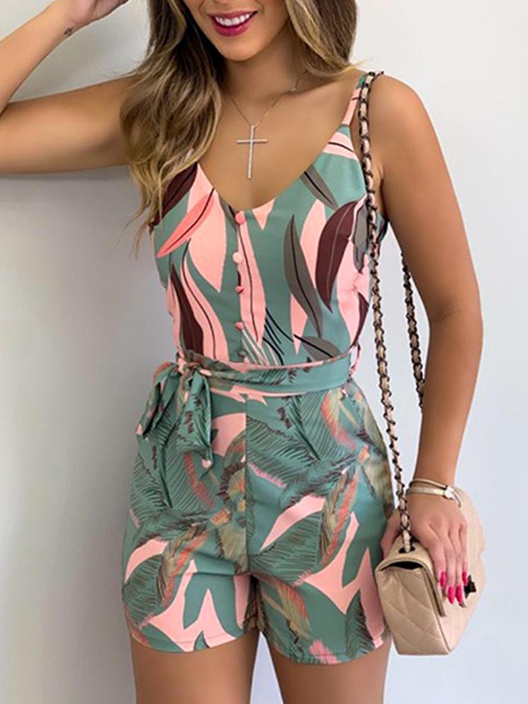 V-neck Fashion Leaf Print Tie Suspender Jumpsuit