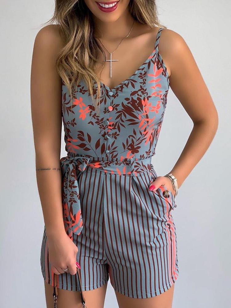 V-neck Fashion Leaf Print Tie Suspender Jumpsuit