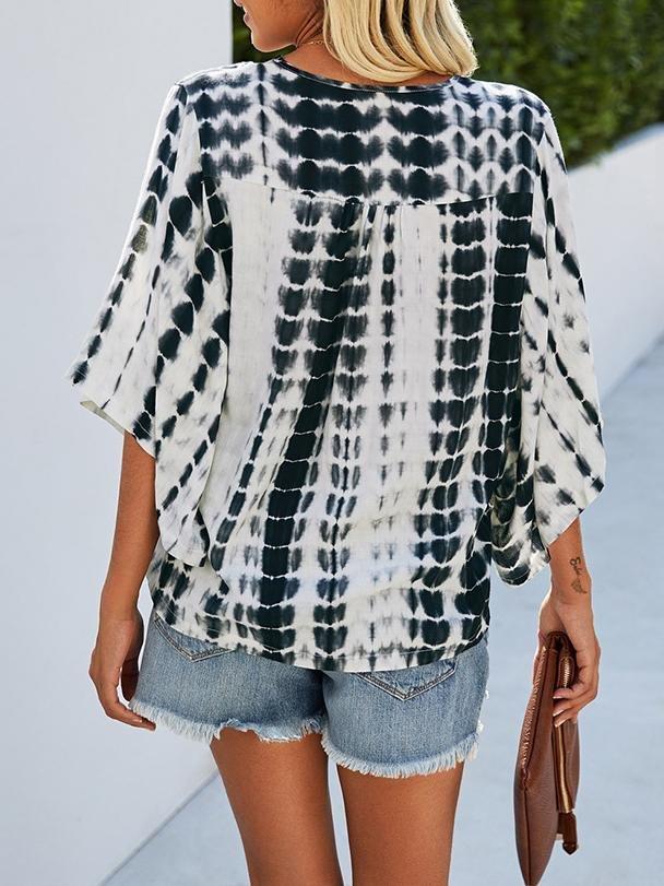 V-neck Five-point Sleeve Tie Dye Printed Loose Blouse
