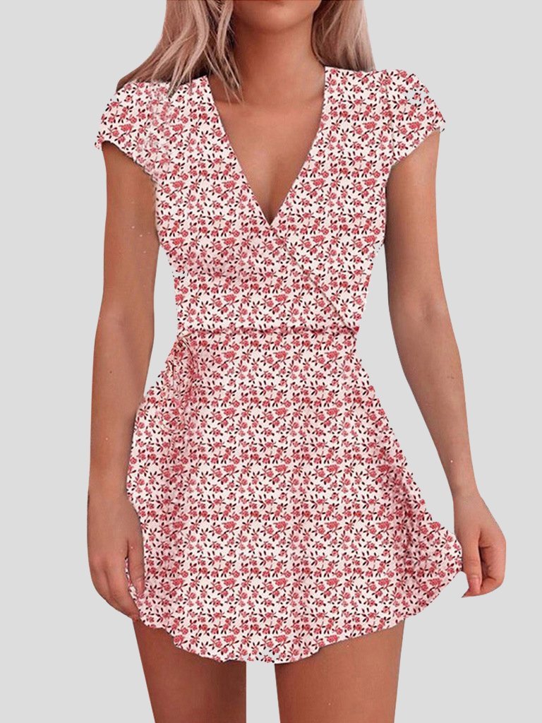 V-neck Floral Short Sleeve Mini Dress