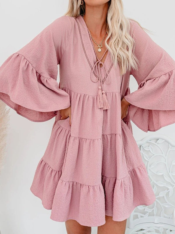 V-Neck Fringe Ruffled Mini Dress