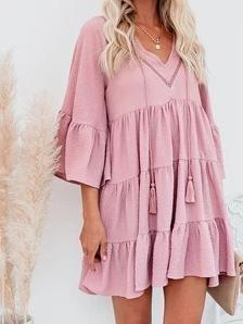 V-Neck Fringe Ruffled Mini Dress