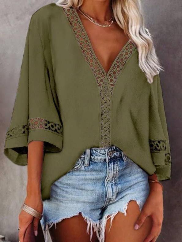 V-neck Hollow Mid-sleeve Lace Shirt