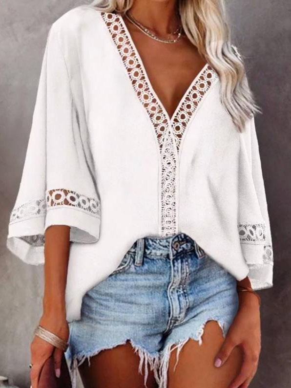 V-neck Hollow Mid-sleeve Lace Shirt