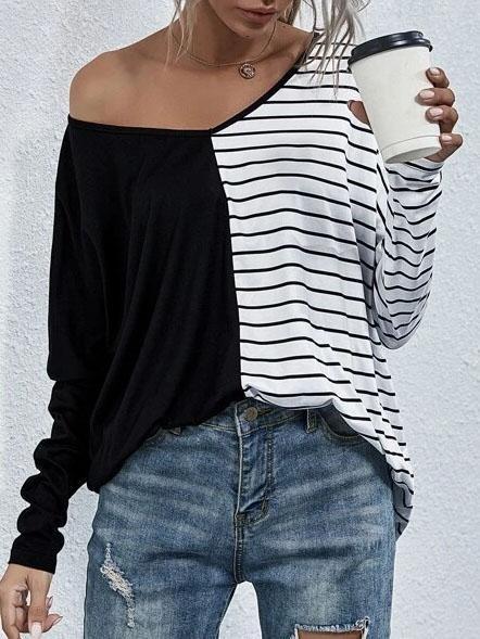 V-neck Long-sleeved Striped Stitching Casual T-shirt