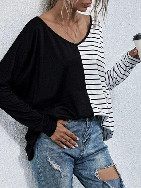 V-neck Long-sleeved Striped Stitching Casual T-shirt