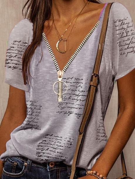 V-neck Printed Short Sleeve Casual T-shirt