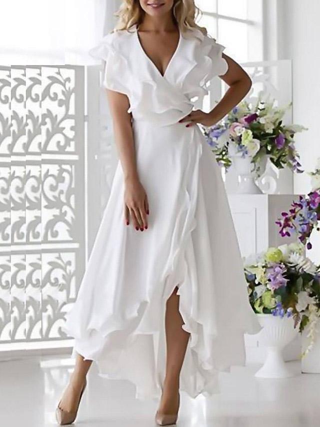 V-Neck Short Sleeve Ruffled Elegant Dress