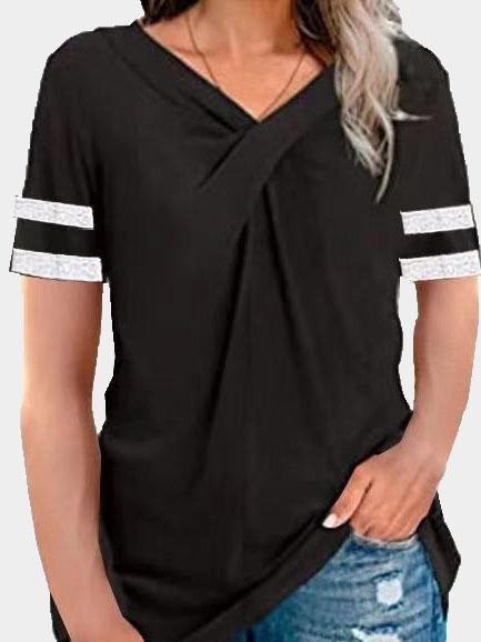 V-neck Twisted Solid Color Short Sleeve T-shirts