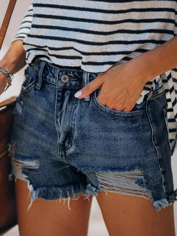 Washed Hot Pants With Micro Fringed Holes Ripped Denim Shorts
