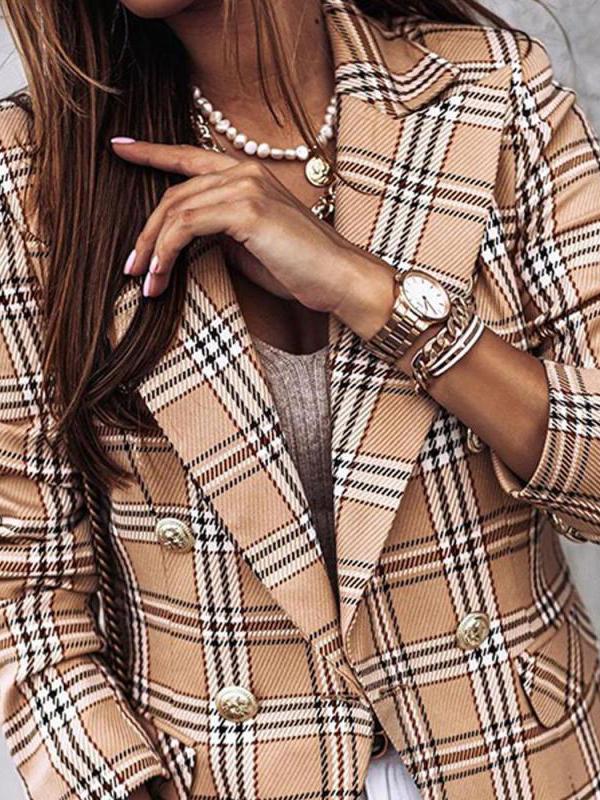 Women's Blazers Double-Breasted Plaid Printed Long Sleeve Blazer