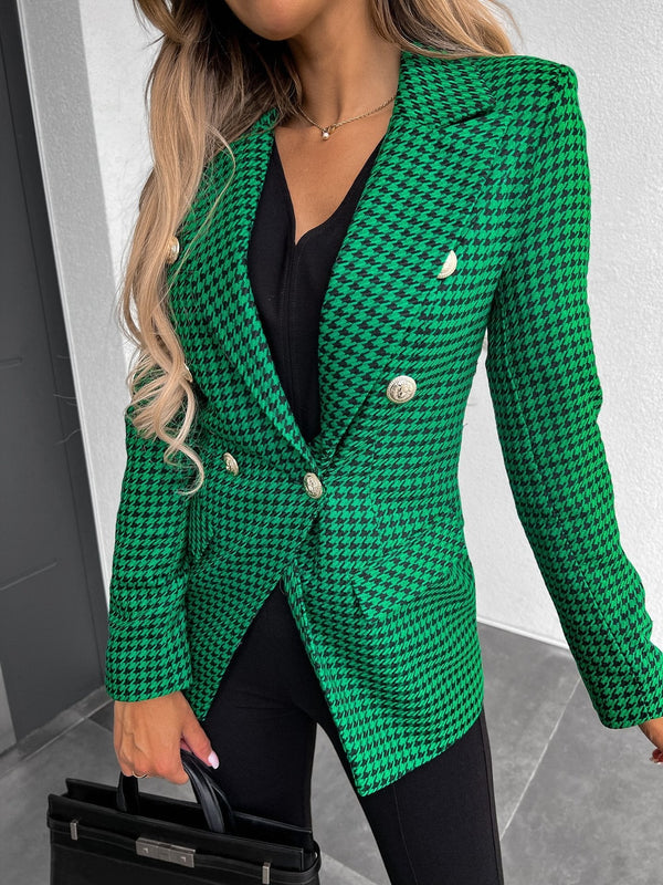 Women's Blazers Houndstooth Lapel Double Breasted Long Sleeve Blazers