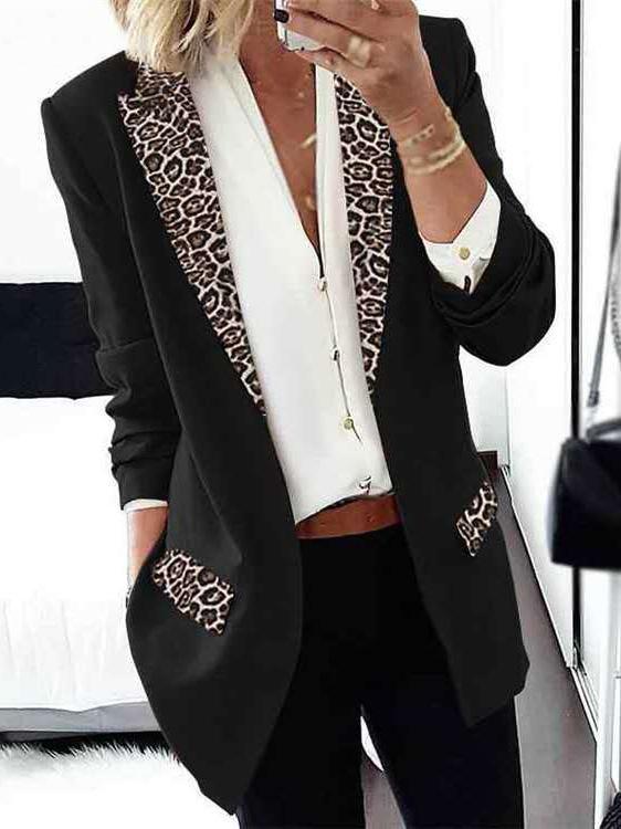 Women's Blazers Leopard Print Stitching Long Sleeve Blazer