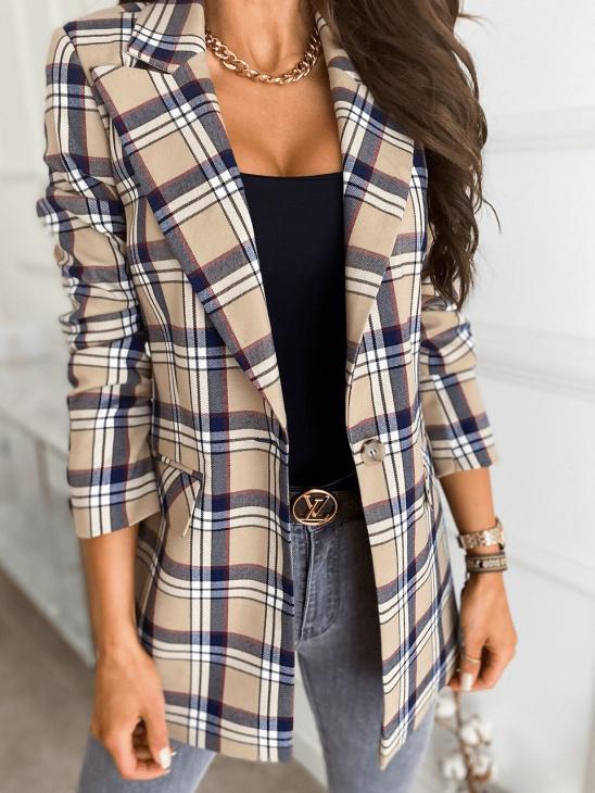 Women's Blazers Long Sleeve Slim Single-Button Plaid Print Blazers