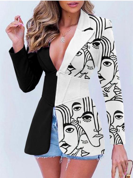 Women's Blazers Printed Lapel Zip Long Sleeve Blazer