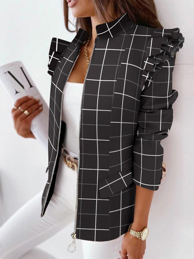 Women's Blazers Ruffle Check Long Sleeve Zipper Blazer