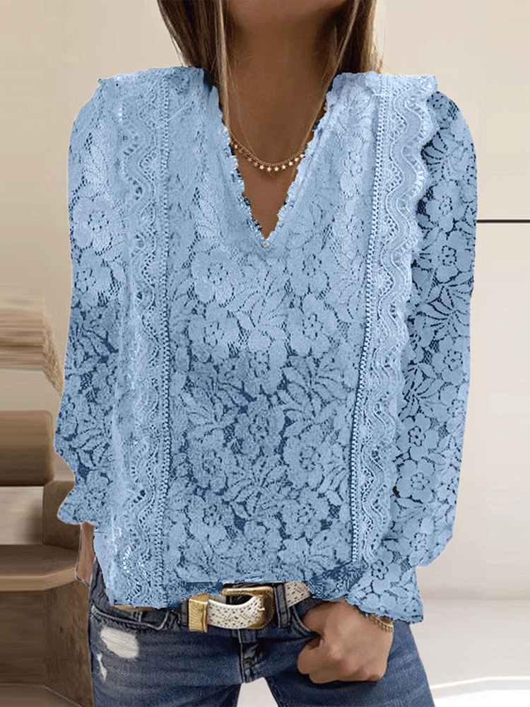 Women's Blouse Casual Solid Lace V-Neck Long Sleeve Blouse