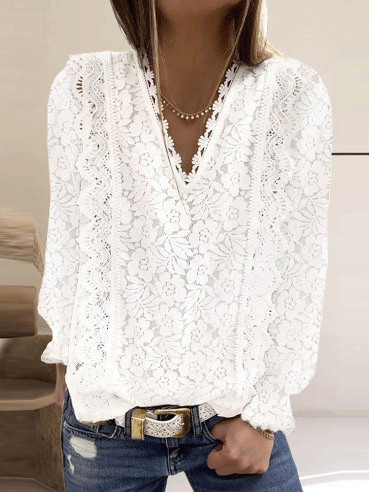Women's Blouse Casual Solid Lace V-Neck Long Sleeve Blouse