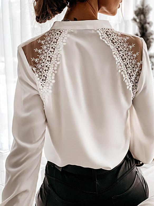 Women's Blouse V-Neck Single-Breasted Lace Long Sleeve Blouse