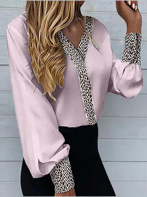 Women's Blouses Casual V-Neck Leopard Print Long Sleeve Blouse