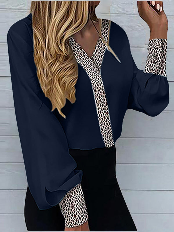 Women's Blouses Casual V-Neck Leopard Print Long Sleeve Blouse