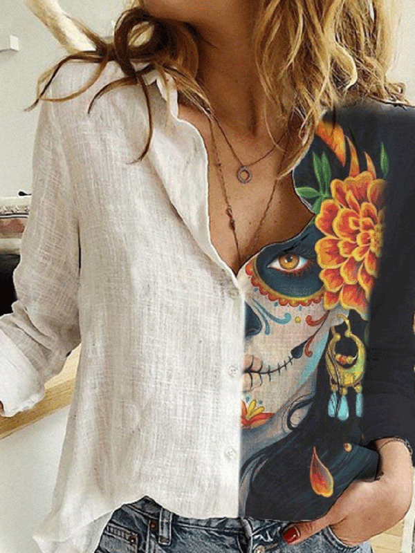 Women's Blouses Clown Print Lapel Button Long Sleeve Blouse