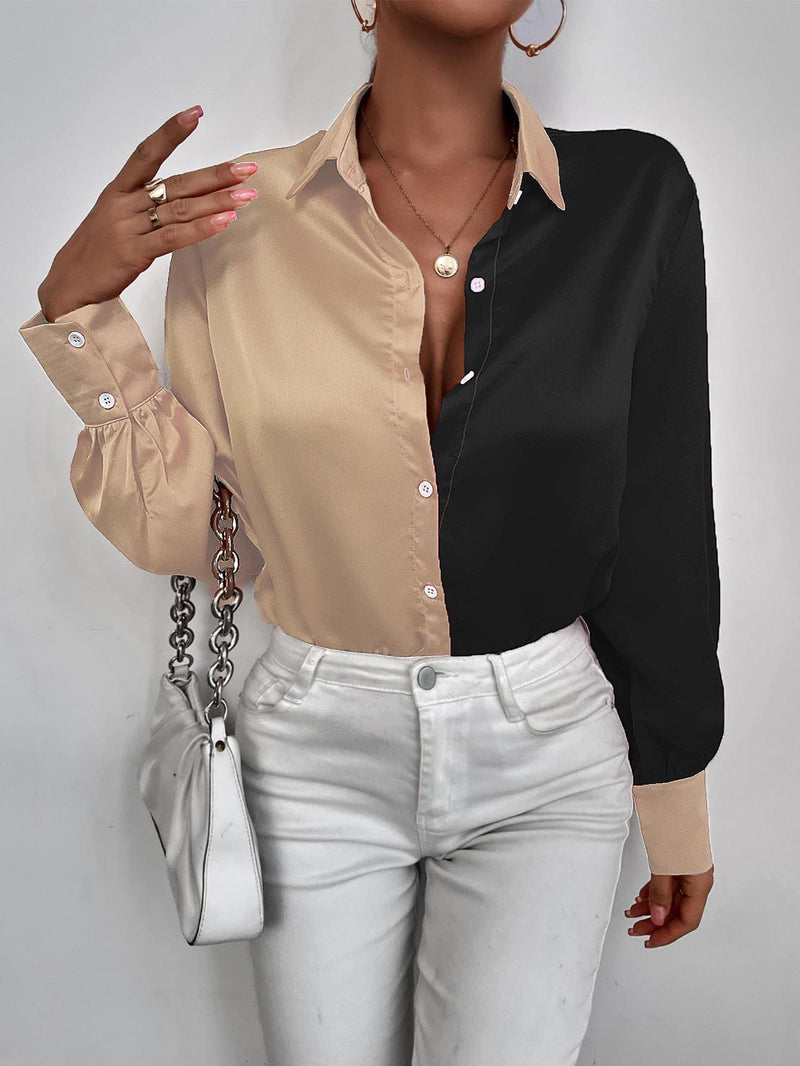 Women's Blouses Colorblock Lapel Button Long Sleeve Blouse