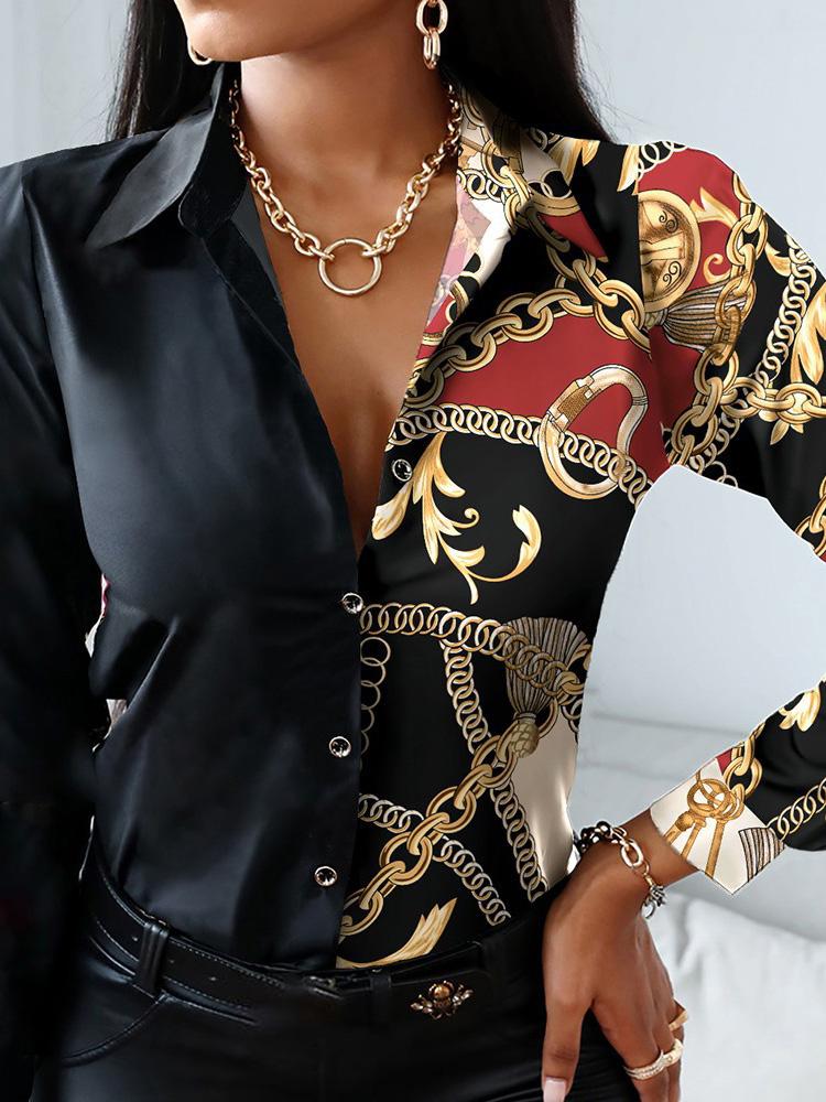 Women's Blouses Fashion Print Button Long Sleeve Blouses