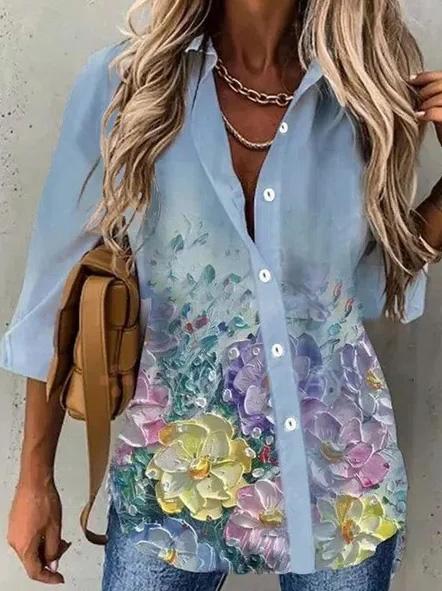 Women's Blouses Floral Long Sleeve Single-Breasted Lapel Blouse