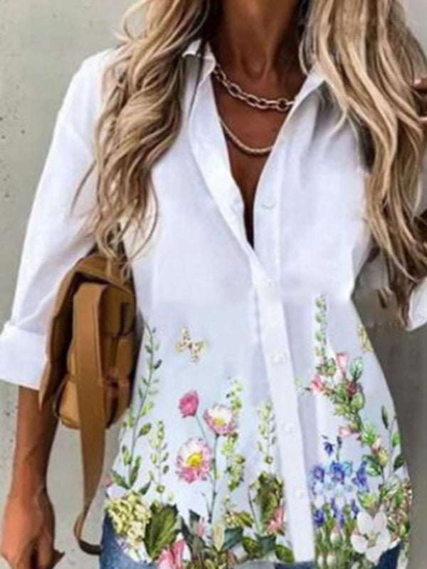 Women's Blouses Floral Long Sleeve Single-Breasted Lapel Blouse