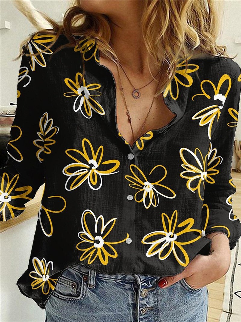 Women's Blouses Floral Print Button Long Sleeve Blouse