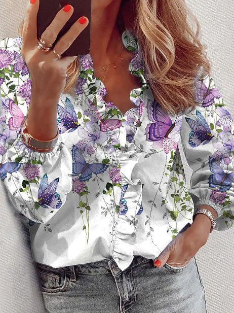 Women's Blouses Floral Print Ruffle V-Neck Long Sleeve Blouse