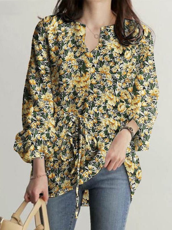 Women's Blouses Floral Print V-Neck Long Sleeve Blouse