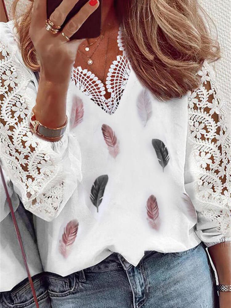 Women's Blouses Lace Feather Print Stitching Long Sleeve Blouses